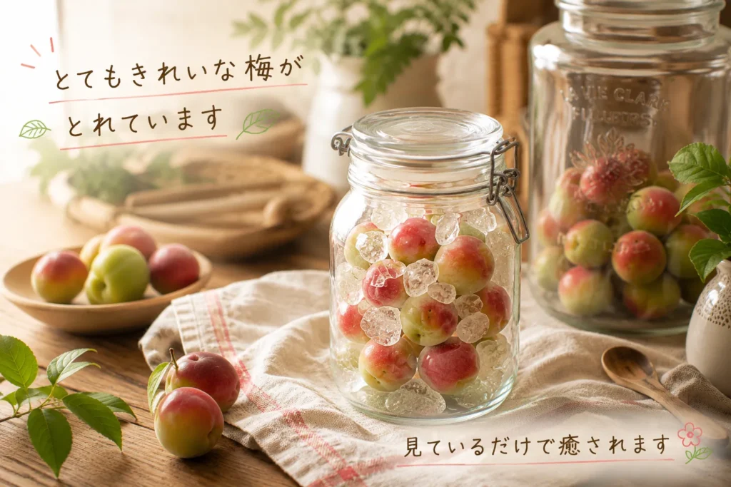 紅南高梅の梅酒イメージ。紅色に染まったかわいい梅を瓶に漬けた様子｜梅もんじゃけんぼー農園